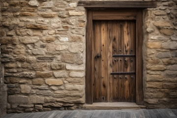 A wooden door in a stone wall. Wood texture, background Generative AI