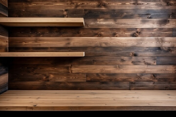 A wooden plank wall with shelves. Wood texture, background Generative AI