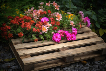 A wooden pallet filled with flowers. Wood texture, background Generative AI