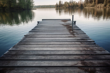A wooden dock on a calm lake. Wood texture, background Generative AI
