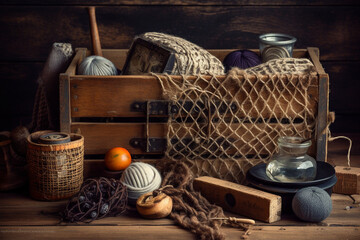 Obraz premium A wooden crate filled with vintage items. Wood texture, background Generative AI