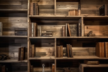 Obraz premium A wooden shelf filled with books. Wood texture, background Generative AI