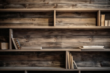 Fototapeta na wymiar A wooden shelf filled with books. Wood texture, background Generative AI