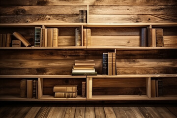 A wooden shelf filled with books. Wood texture, background Generative AI
