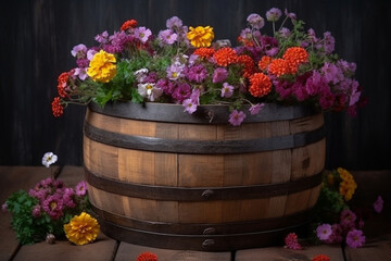 A wooden barrel filled with flowers. Wood texture, background Generative AI