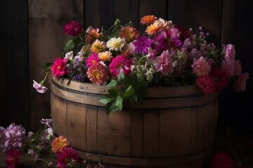 Fototapeta na wymiar A wooden barrel filled with flowers. Wood texture, background Generative AI