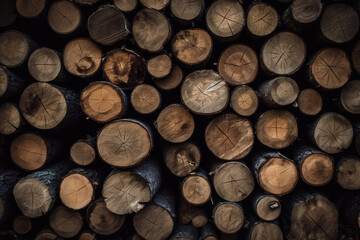 A stack of wooden logs. Wood texture, background Generative AI