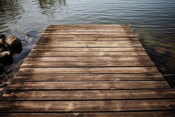 A wooden pier extending into a lake. Wood texture, background Generative AI