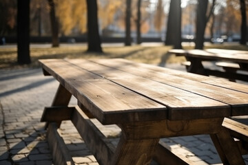Fototapeta na wymiar A wooden picnic table in a park. Wood texture, background Generative AI