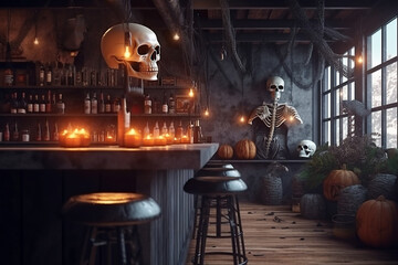 Naklejka na ściany i meble Halloween bar interior design, Generative AI