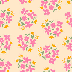 Cute calico flowers with leaves seamless repeat pattern. Random placed, vector botanical elements all over surface print on yellowish background.
