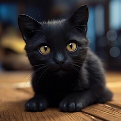 Cute Black Cat with Yellow Eyes Sitting on the Floor