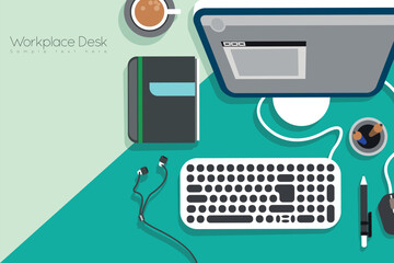 Office workplace top view. Illustration of modern business office or workspace in flat style. Template infographic or advertising banner concept. Copy space.