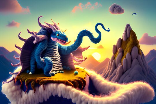 Woolitize the stormy dragon raging on the mountaintop. Whipping flames. Image created with generative AI technology
