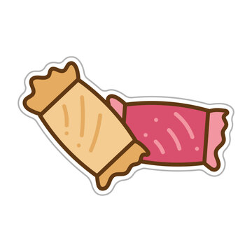 Sticker with a rectangular candies wrapper. Cartoon vector color illustration.