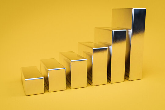 chrome metal cubes stair raising graph in a row; infinite colorfull background; 3D Illustration