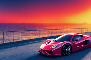 Red exotic sports car in California at the beach at sunset, generative AI