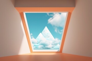3d render, abstract peachy background with blue sky inside the triangular window