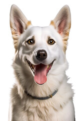 White Swiss Shepherd dog head portrait, happy excited, isolated background. Generative Ai.