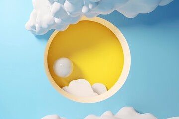 3d rendering, abstract fantasy Easter background. Blue sky inside the round hole on the yellow wall. Flying white clouds. Minimalist modern wallpaper