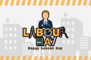 Labour day design business concept in line flat style. International solidarity of workers. Vector illustration. Copy space.