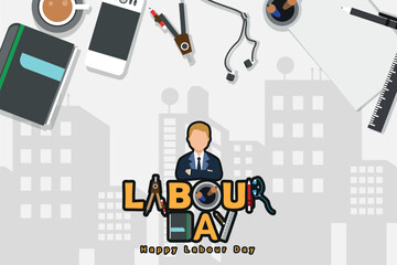 Labour day design business concept in line flat style. International solidarity of workers. Vector illustration. Copy space.