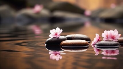 meditation with zen stones and cherry blossom decor on water with generative ai