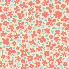 Random placed, botanical elements seamless repeat pattern. Cute calico flowers with leaves and hearts all over surface print. 