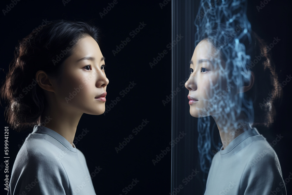 Poster person looking at a digital artificial intelligence version of themselves. deep fake. generative ai