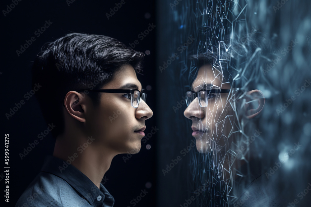 Poster person looking at a digital artificial intelligence version of themselves. deep fake. generative ai