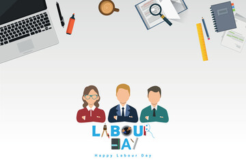 Labour day design business concept in line flat style. International solidarity of workers. Vector illustration. Copy space.