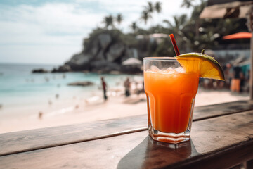 Refreshing beach juice with crystal clear waters and palm trees in the background. Generative AI