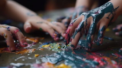 Children finger painting indoor - Generative AI