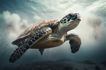 A magnificent Hawksbill Turtle with wings takes flight through the clouds. Generative AI