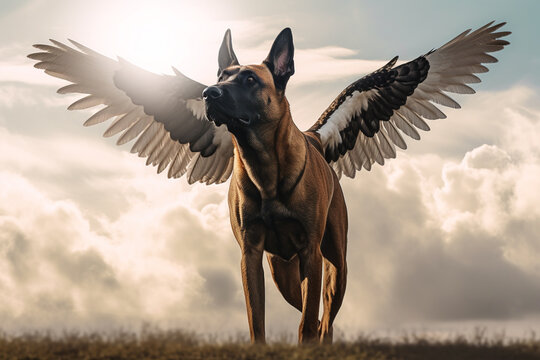 Majestic flying dog soaring through the skies, symbol of strength and freedom. Generative AI