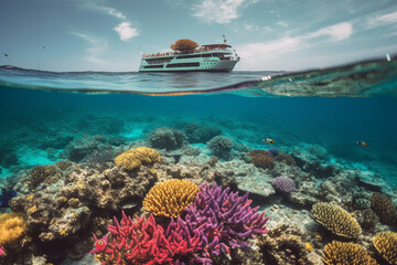 Naklejka na ściany i meble Vibrant coral reefs from a South Pacific cruise ship. Generative AI