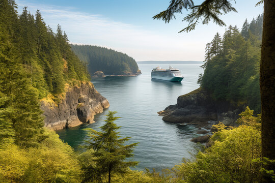 Pacific Northwest cruise ship view of rocky coastlines and forests. Generative AI
