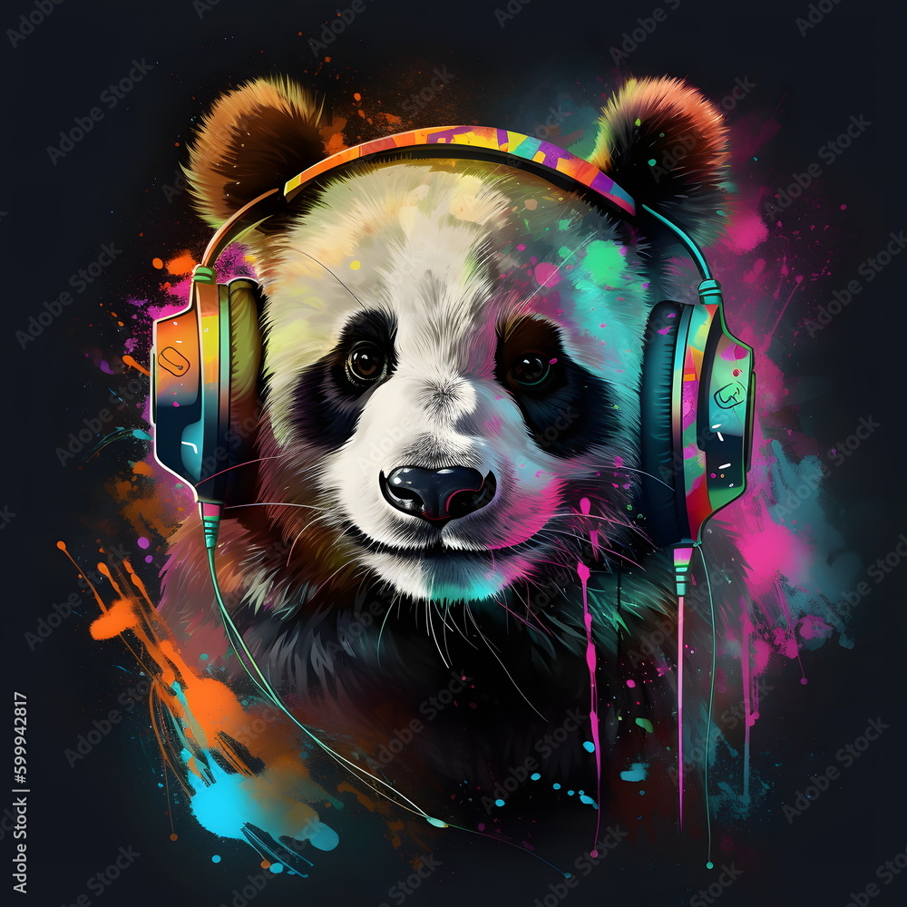 Sticker Panda bear wearing headphones with colorful paint splatters on it. Generative AI.