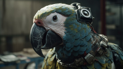 Obraz premium a cyborg parrot in a post apocalyptic world, perched on a rusted metal beam. Generative AI