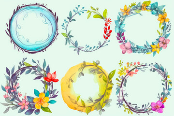 Set of six watercolor wreaths with flowers and leaves on them. Generative AI.