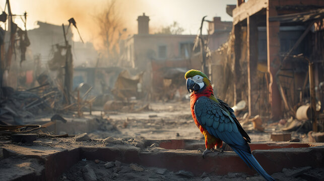 a parrot in a post apocalyptic world, perched on a rusted metal beam. Generative AI