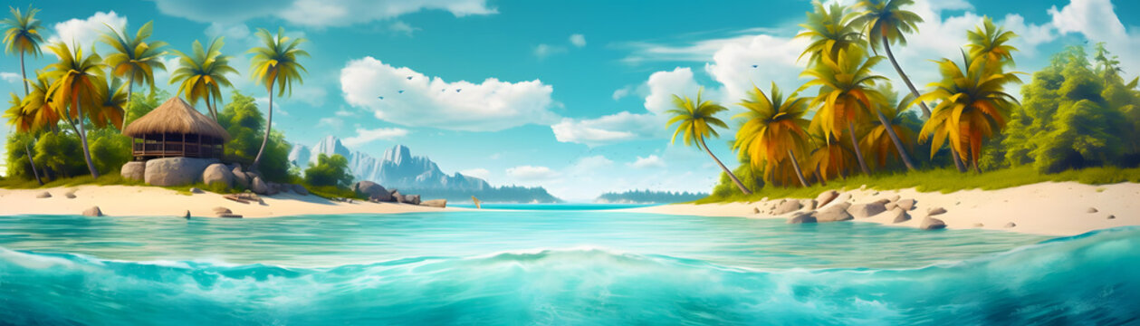 Image of tropical beach with palm tree in the foreground. Generative AI.