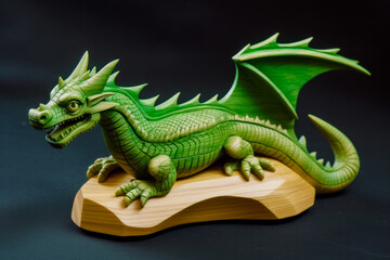 Green dragon figurine sitting on top of wooden block of wood. Generative AI.
