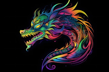 Colorful dragon head on black background with swirls and swirls. Generative AI.