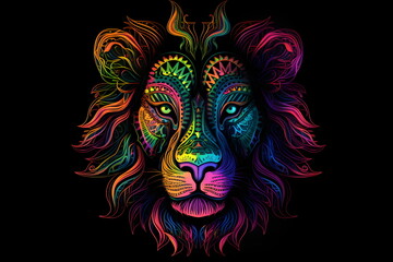 Colorful lion's face on black background with black background. Generative AI.