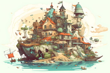 Drawing of house on small island in the middle of body of water. Generative AI.