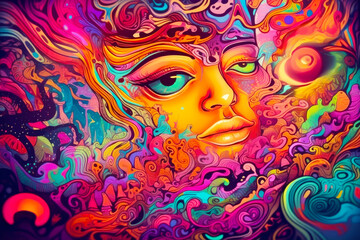 Fototapeta na wymiar Image of woman's face with colorful swirls on it. Generative AI.