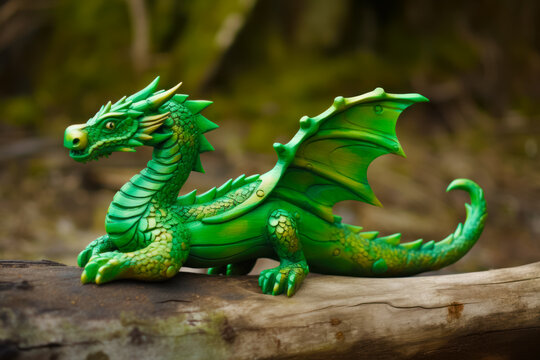 Green dragon figurine sitting on top of piece of wood. Generative AI.