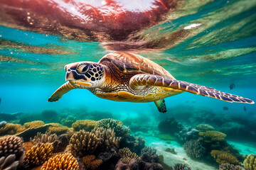Fototapeta na wymiar Sea turtle swims underwater. Undersea world.