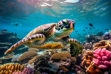 Fototapeta na wymiar Sea turtle swims underwater. Undersea world.
